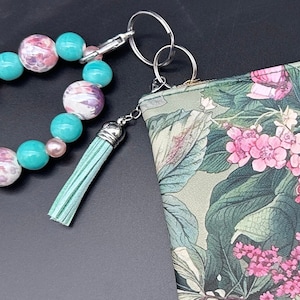 Floral Wristlet with charm, Beaded Heart Wristlet, Wristlet Change Purse, Make up Bag, Assorted Fun Bags, Cell Phone Holder, Wristlet Wallet
