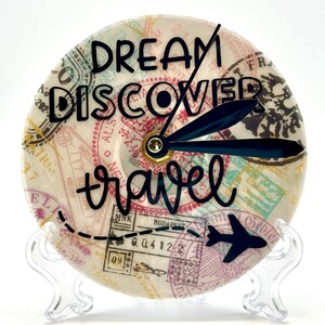 5&quot; Dream Discover Travel Desk or Table Clock - Upcycled CD Clock - Repurposed CD Clock - Handmade, Unique, One-of-a-Kind Gift