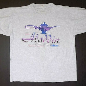Aladdin Hotel & Casino Vintage Grey T Shirt Puffy Print Single Stitched Vegas
