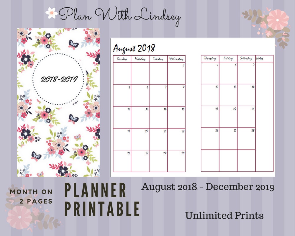 B6 B6 Slim A5 and Cahier 2018-2019 Yearly Printable Calendar | Etsy