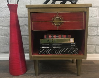 Asian black red gold side table, Chinese Dragon, Fancy Asian end table, Black red gold nightstand, Asian themed painted end table, Dragon