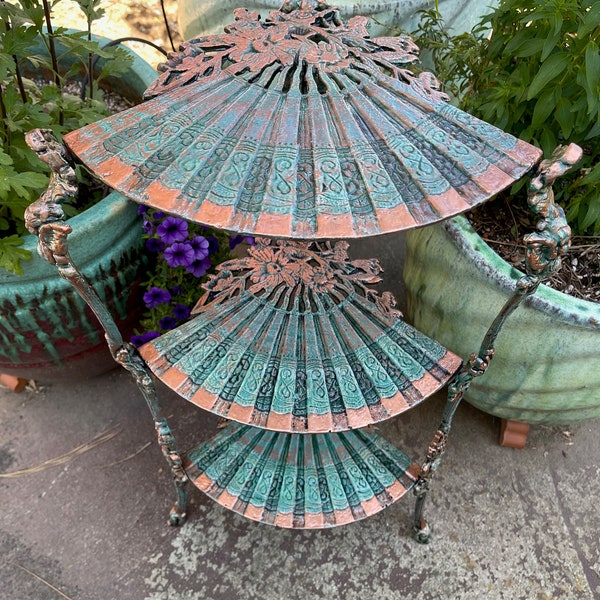 Vintage Metal Teal and Copper Corner Shelf, Small Turquoise and Copper Painted Metal Plant Stand