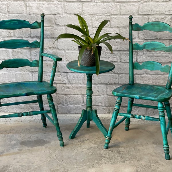 Teal Bistro Set, Blue Green Pair of Chairs and Table Set, Distressed Chairs with Matching Side Table, Turquoise Patio Table and Chairs Set