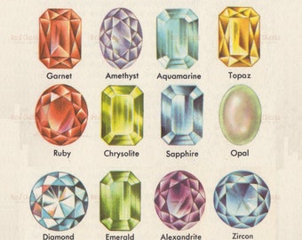 Digital Download of Vintage Gems Jewels Jewlery Birth Stones Illustration Whimsical High Resolution Craft Supply Clip Art Story Book Image