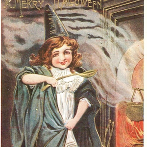 Digital Download of Vintage Halloween Pumpkin Witch Cauldron Jack-o-lantern Black Cat Antique Post Card Hi Res Craft Supply Clip Art Image