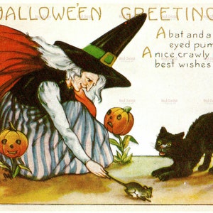 Vintage Halloween Postcard: Witch, Black Cat & Pumpkins (Digital Download)