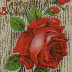 Digitale download van antieke vintage gelukkige verjaardagswensen rode roos bloem postkaart hoge resolutie ambachtelijke levering clip art afbeelding 1900