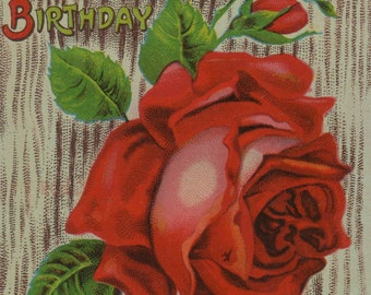 Digital Download of Antique Vintage Happy Birthday Wishes Red Rose Flower Post Card Hi Resolution Craft Supply Clip Art Image 1900s