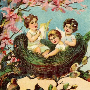 Digitaler Download von Vintage Ostern Kinder Kinder Antike Vogel Nest Baum Postkarte Kind Hallo Res Hochauflösende Bastelbedarf Clip Art Bild