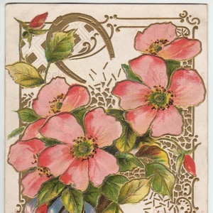 Cyfrowe pobieranie antycznej zabytkowej pocztówki Good Luck Pink Dogwood Flower w wysokiej rozdzielczości z klipartem do rękodzieła Horseshoe Magic z lat 1900.