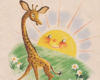 Digital Download of Vintage Baby Giraffe Sun Face Smile Animal Birthday Nursery Baby Decor Whimsical Craft Supply Clip Art Card Image