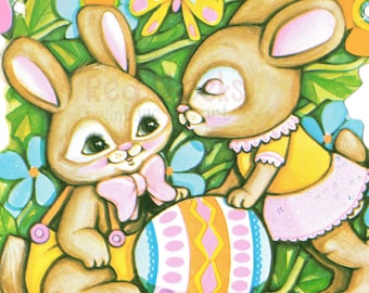 Vintage Easter Bunnies Clip Art: Kitsch Greeting Card Image (Digital Download)