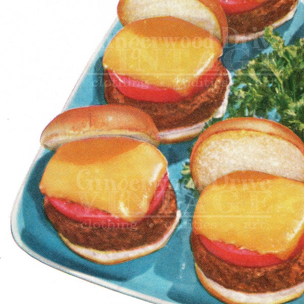 Digital Download of Vintage Cheese Burgers Kitchen Fast Food Decor Craft Supply Diner Fried Snacks 1960s 60s Retro Burger Tomato