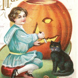 Vintage Halloween Postcard: Pumpkin Carving, Black Cat (Digital Download)