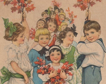 May include: A vintage illustration of children holding branches of autumn leaves. The children are dressed in various clothing, including a white dress, a blue dress, a green dress, and a sailor outfit. The illustration is set against a light brown background.