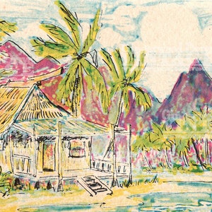 Digitale download van vintage Hawaï-eiland postkaart hut palmboom vulkaan kaart gids decor grillige hoge resolutie ambachtelijke levering clip art afbeelding
