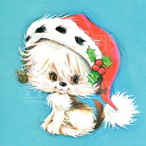 Digital Download of Merry Christmas Santa Hat Fluffy Puppy Dog Whimsical Hi Resolution Craft Supply Clip Art Story Book Image Girl Maltese