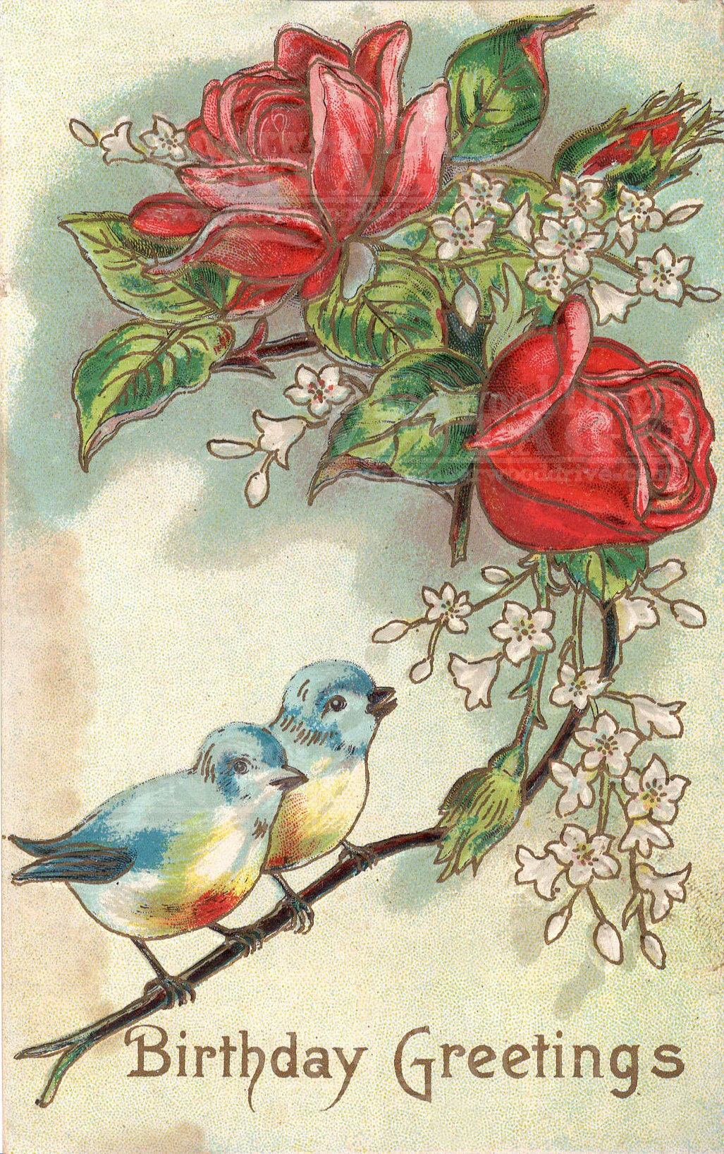 Digital Download of Antique Vintage Happy Birthday Wishes Blue Bird Birds Red Rose Flower Post Card Hi Res Craft Supply Clip Art Image 1900s