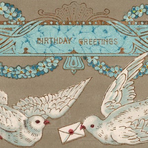 Descarga digital de la vendimia antigua feliz cumpleaños deseos blanco paloma pájaros amor carta post tarjeta Hi Res Craft Supply Clip Art Image 1900s