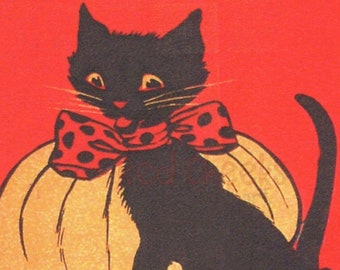 ヴィンテージハロウィーン黒猫かぼちゃポストカード画像（デジタルダウンロード）