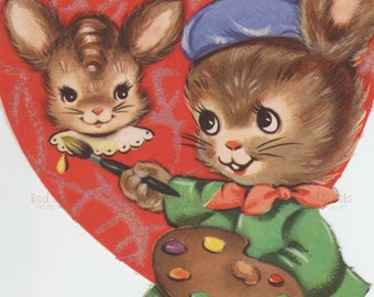 Vintage Valentine's Day Bunny Artist Card: Whimsical Clip Art (Digital Download)