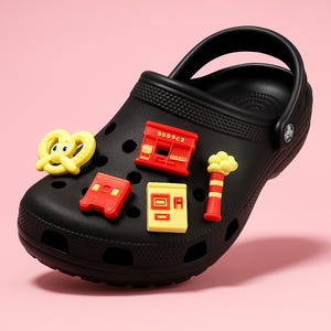 May include: Black clog shoe adorned with colorful charms. The charms include a yellow pretzel, a red building with the text "8005C2", a red bus, a yellow vending machine, and a red and yellow tower. The shoe is set against a pink background.