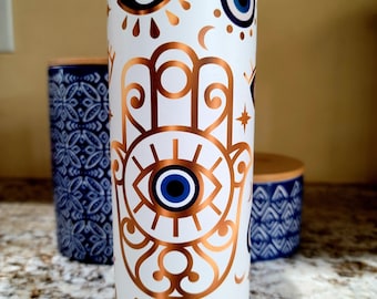 Glow In The Dark Evil Eye Tumbler Good Vibes Only 20oz Skinny Straight Tumbler Mal De Ojo Personalized Gift Present