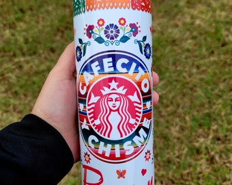 Cafecito Y Chisme 20oz Skinny Tumbler Colorful Mexican Theme Banner Personalized Chula Chismosa Cabrona Chingona Perrona Toxica