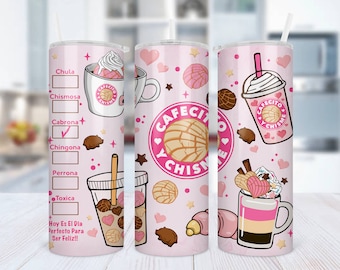 Cafecito Y Chisme 20oz Skinny Tumbler Colorful Mexican Theme Conchas Pan Dulce Personalized Chula Chismosa Cabrona Chingona Perrona Toxica