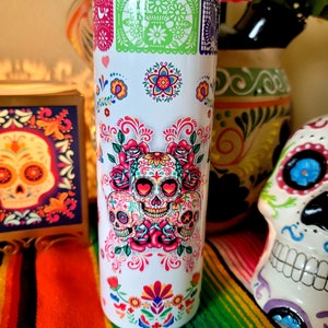 Sugar Skull Dia De Los Muertos 20oz Skinny Tumbler Colorful Mexican Theme Banner
