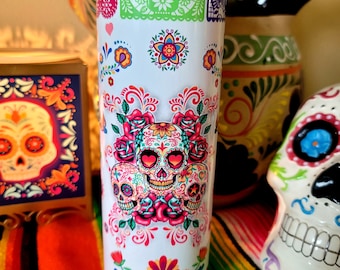 Sugar Skull Dia De Los Muertos 20oz Skinny Tumbler Colorful Mexican Theme Banner