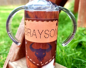 Piel de vaca Vaquero Cowgirl Leather Patch Stitch Nombre 12oz Sippy Cup Nombre personalizado Kids Cup Toddlers Cup Children Cup