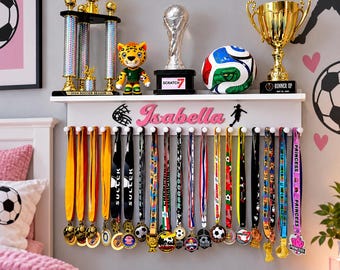 Custom Solid Wood Medal Hanger Display with Trophy Shelf Any Sport Soccer Football Basketball Hockey Baseball Softball Wrestling Volleyball
