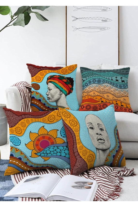 African Ladies 4 Piece Chenille Fabric Pillow Cushion Set