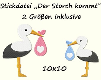 Stickdatei DER STORCH KOMMT Baby Geburt schwanger stork mom to be pregnant baby boy baby girls special delivery