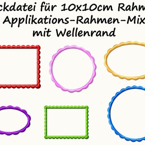 Könnte beinhalten: Sechs Stickdateien für 10x10cm Rahmen. Die Designs beinhalten ein rotes Quadrat, einen rosa Kreis, eine goldene Ellipse, einen blauen Kreis, eine lila Ellipse und ein grünes Quadrat. Alle Designs haben einen gewellten Rand.
