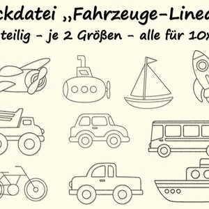 Op de afbeelding: Een set van 20 zwart-witte line art voertuig stickers, waaronder een vliegtuig, een onderzeeër, een zeilboot, een raket, een kiepwagen, een auto, een bus, een fiets en een boot. De stickers zijn ontworpen voor 10x10 inch projecten.