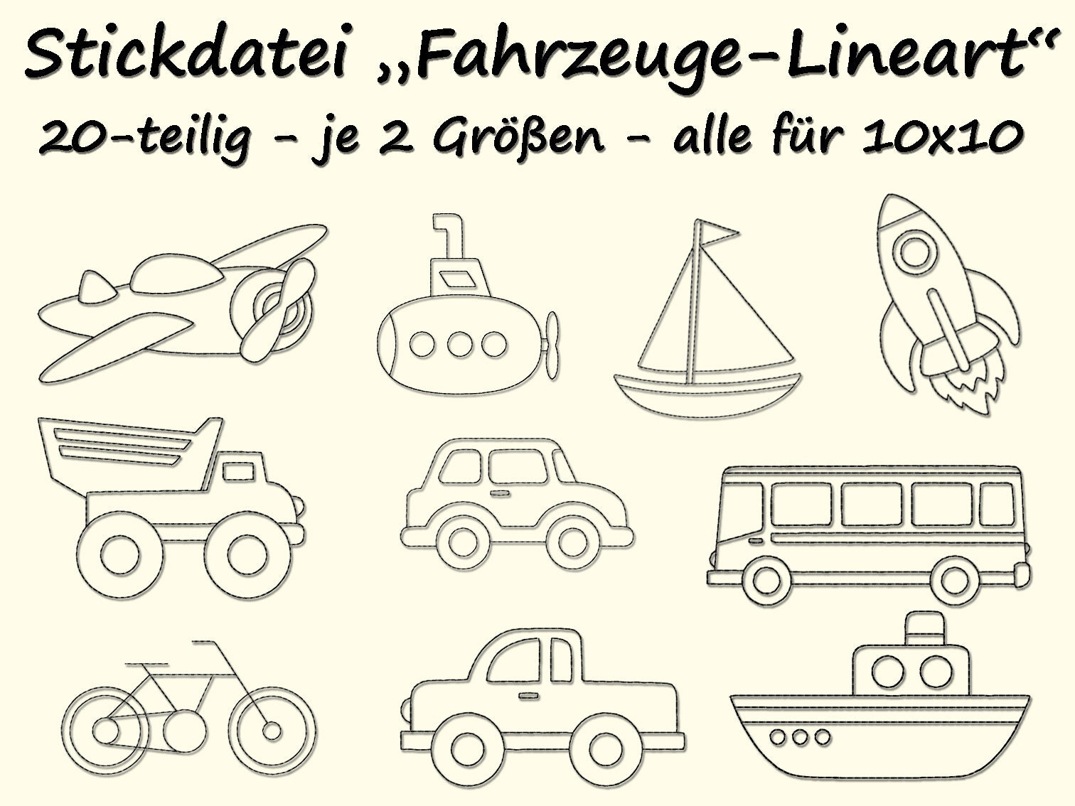 Embroidery File FAHRZEUGE LINEART Car Ship Airplane Redwork Embroidery  Design Vroom Vehicles Car Ship Plane Rocket Embroidery Design 