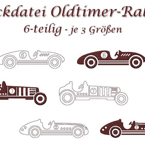 Puede incluir: Imagen que presenta seis diseños bordados de coches de carreras antiguos en marrón y blanco. Cada coche tiene un número diferente. El texto "Stickdatei Oldtimer-Rallye" y "6-teilig - je 3 Größen" está en la parte superior.
