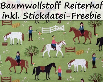 Stoff PFERDE Reiterhof Baumwollstoff RESTSTÜCK 40cm x 140cm reiten Reiterin Mädchen Pferde