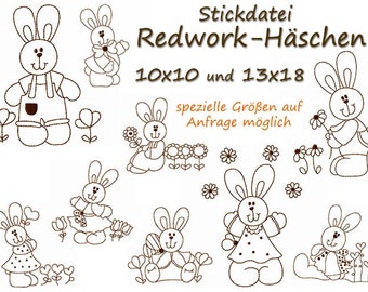 Stickdatei REDWORK-HÄSCHEN Hasen Osterhase Hase embroidery design easter bunny bunnies doodle