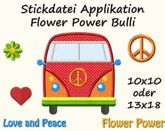 Archivo de bordado Flower Power Bulli Application Bus Van Hippie-Bus Hippie Machine diseño de bordado 70th 60th