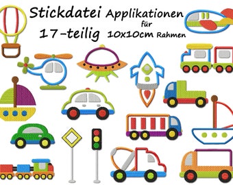 Stickdatei FAHRZEUGE MEGA-Set Jungen Jungs Autos Flugzeug Zug Rakete LKW Ampel Car Train Rocket Ufo Ship Plane Truck Embroidery Design