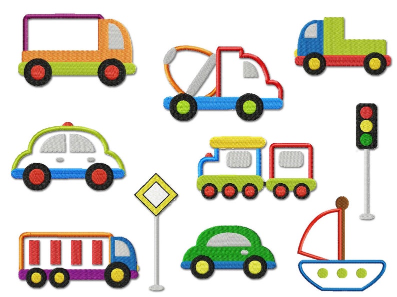 Embroidery File VEHICLES MEGA Set Boys Boys Cars Airplane Train Rocket Truck Traffic Light Car Train Rocket Ufo Ship Plane Truck Embroidery Design image 3