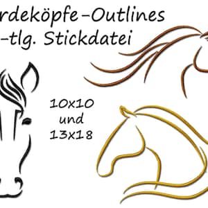 Könnte beinhalten: Drei Umriss-Pferdekopf-Stickdateien. Die Designs sind in Schwarz, Braun und Gold. Der Text "Pferdeköpfe - Outlines 3 - tlg. Stickdatei" ist im Bild sichtbar. Der Text "10x10 und 13x18" ist ebenfalls sichtbar.