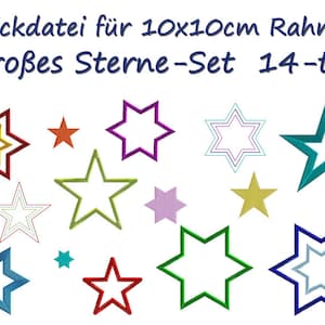 Könnte beinhalten: Ein Set mit 14 sternförmigen Stickdateien für 10x10cm Rahmen. Die Designs sind in verschiedenen Farben, darunter Rot, Orange, Gelb, Grün, Blau, Lila und Türkis.