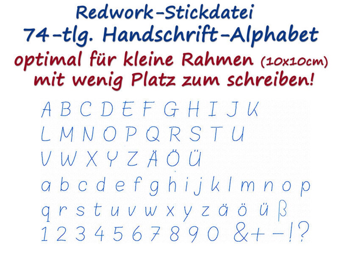 Embroidery File 74 Pcs. HANDSCHRIFT-REDWORK ALPHABET Machine Embroidery ...