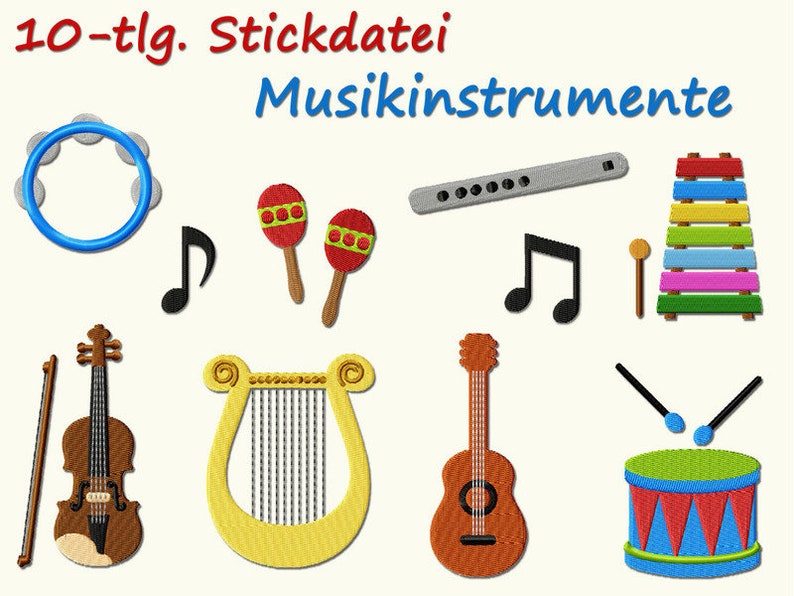 Stickdatei MUSIKINSTRUMENTE Musik Instrumente Noten Musical Instruments Music Instrument machine embroidery design Note Drum Gitarre vibes Bild 1