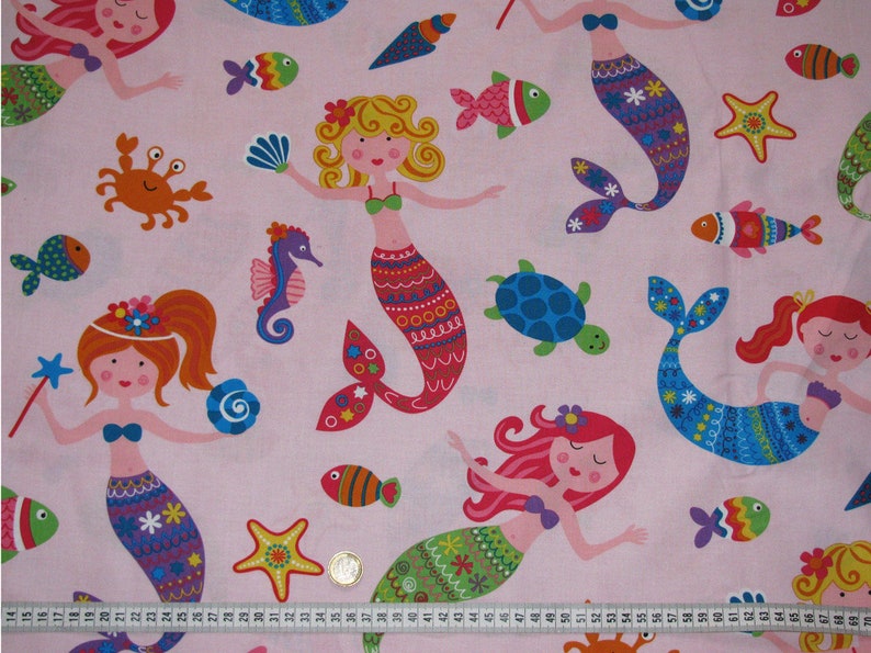Meerjungfrauen Baumwollstoff 40x150cm Stoff Kinder Nixe Kinderstoff Meerestiere Unterwasser Fische Krabben Schildkröte Mermaid Bild 2