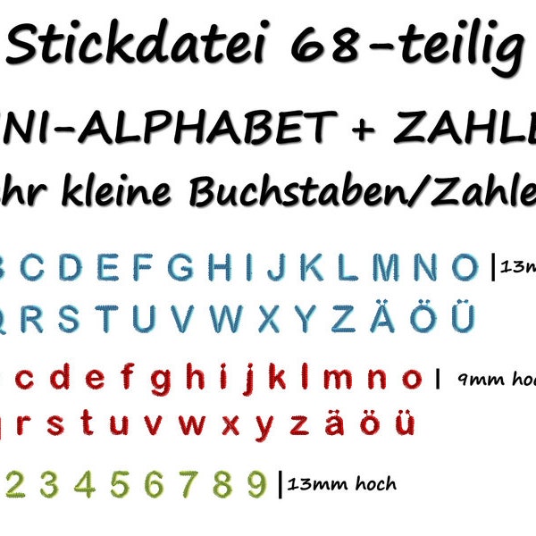 Stickdatei Mini-Alphabet + Zahlen 68-Teilig Abc embroidery design mini font